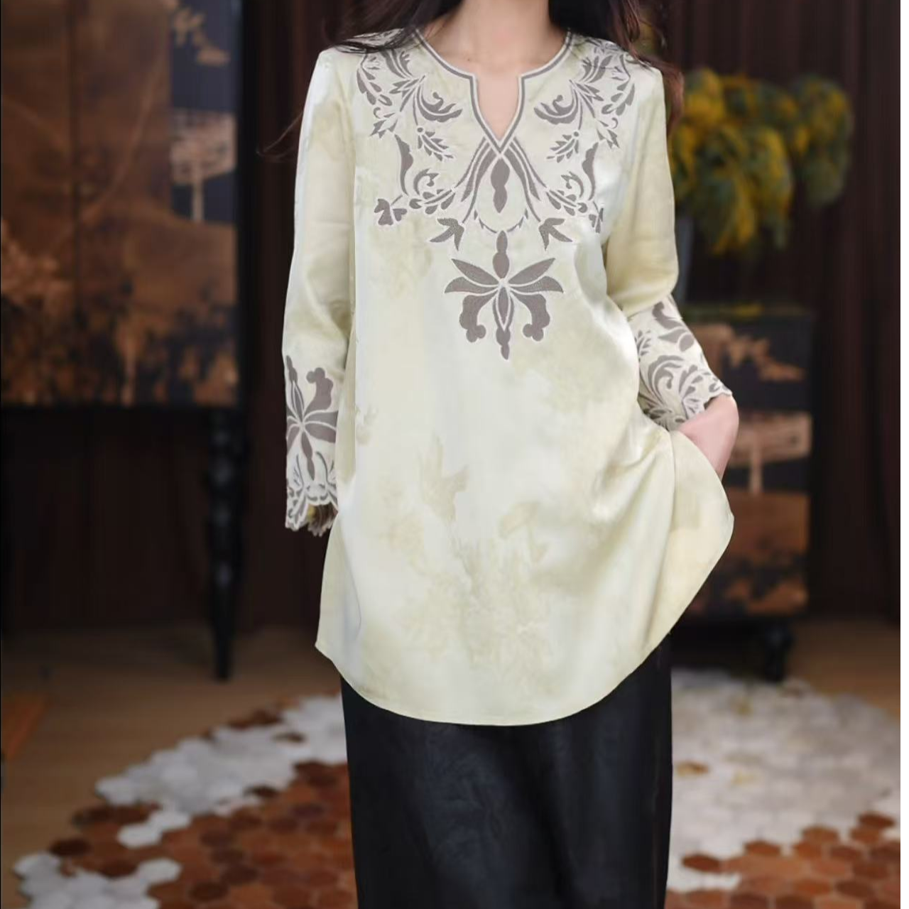 【意安】新中式内搭时尚复古提花长袖立领宽松国风立领衬衣衬衫