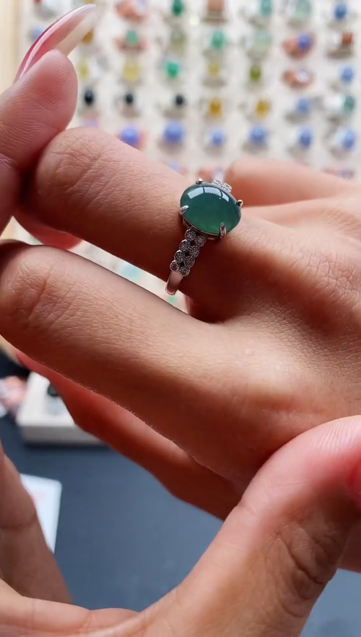 【闪购商品】翡翠戒指银S925镶嵌缅甸天然A货翡翠4444    3+