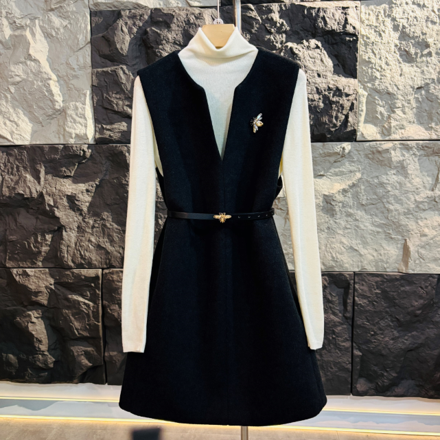 【秋冬加厚】绵羊毛毛呢大衣外套显瘦无袖中长马甲裙礼服裙轻奢女装