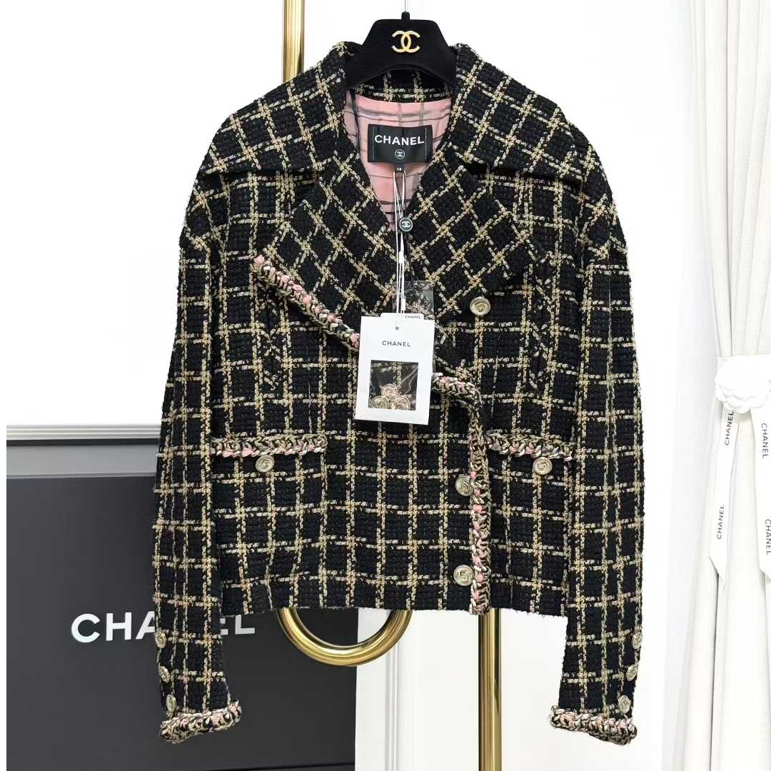 99新 Chanel/香奈儿 38码21S春夏黑色混色格子翻领外套