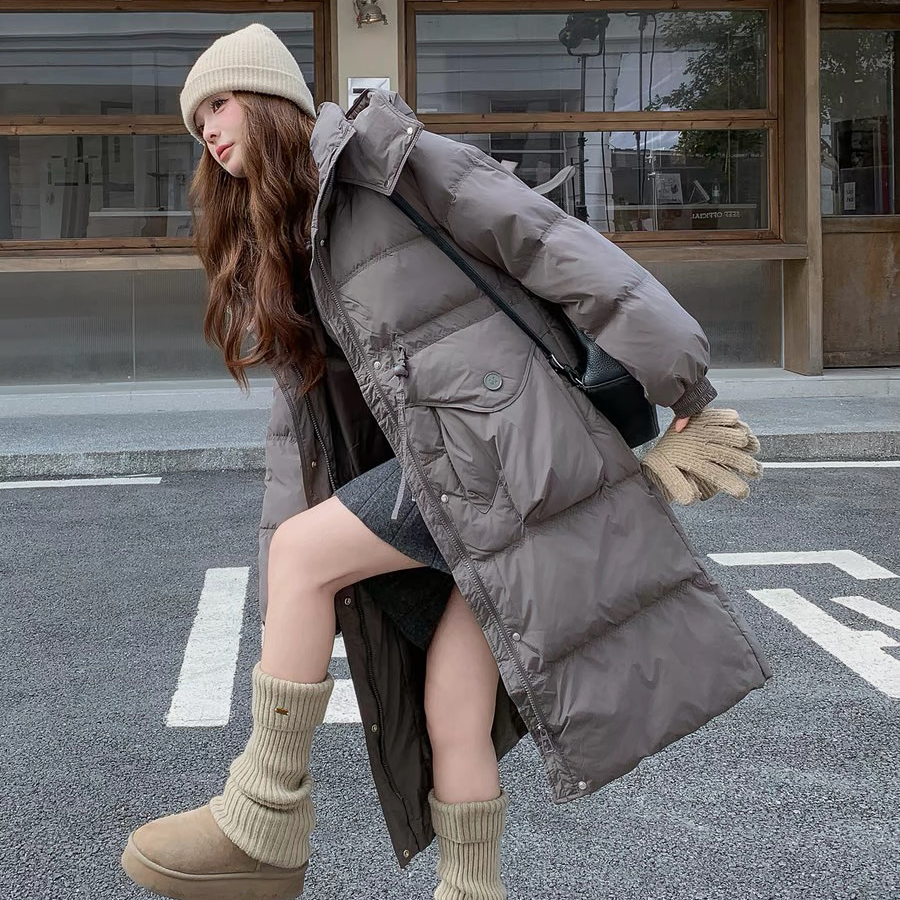 手套款收腰大长款2025冬季韩版宽松保暖连帽立领白鸭绒长羽绒服