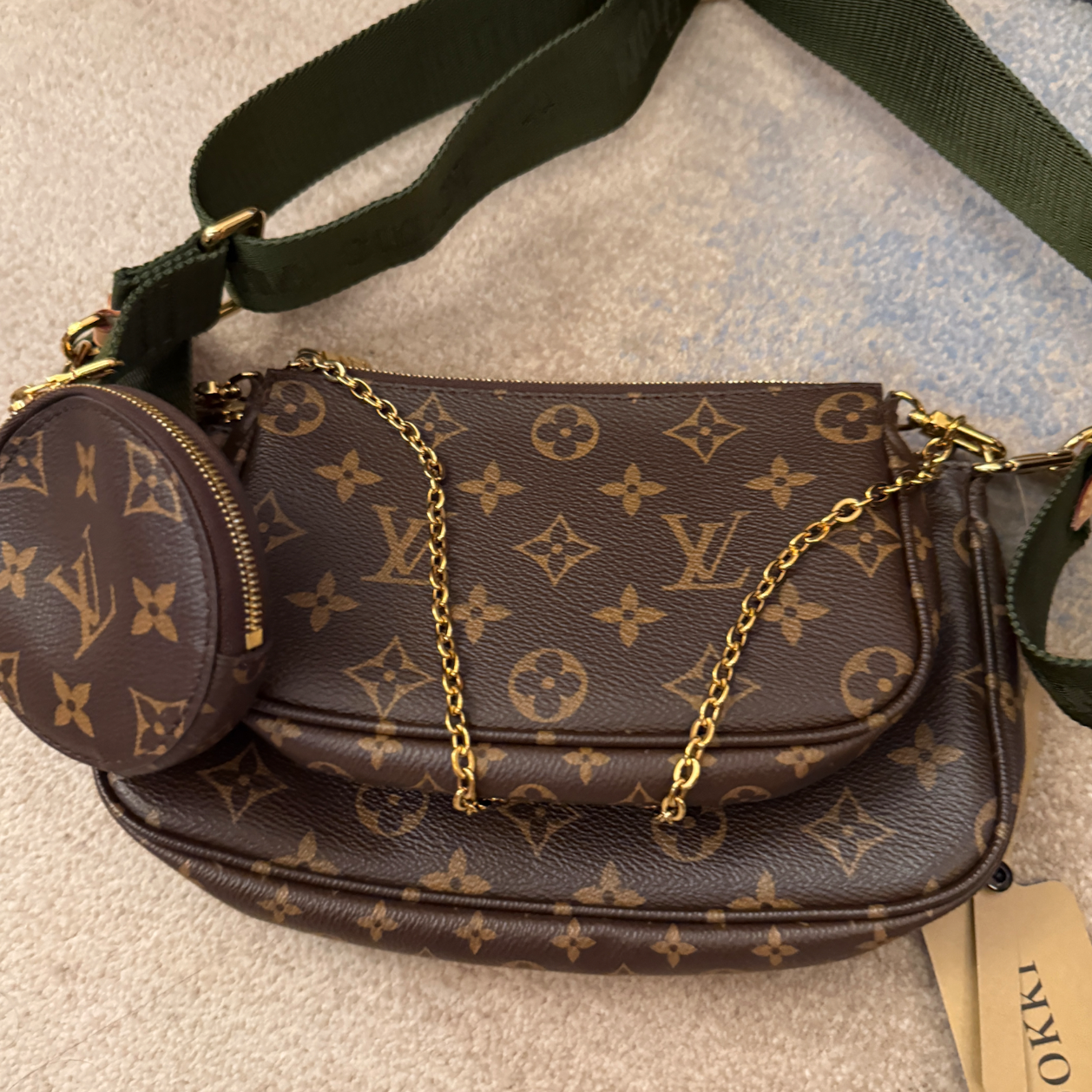 95新 LouisVuitton/路易威登 棕色 五合一 老花  绿色肩带 