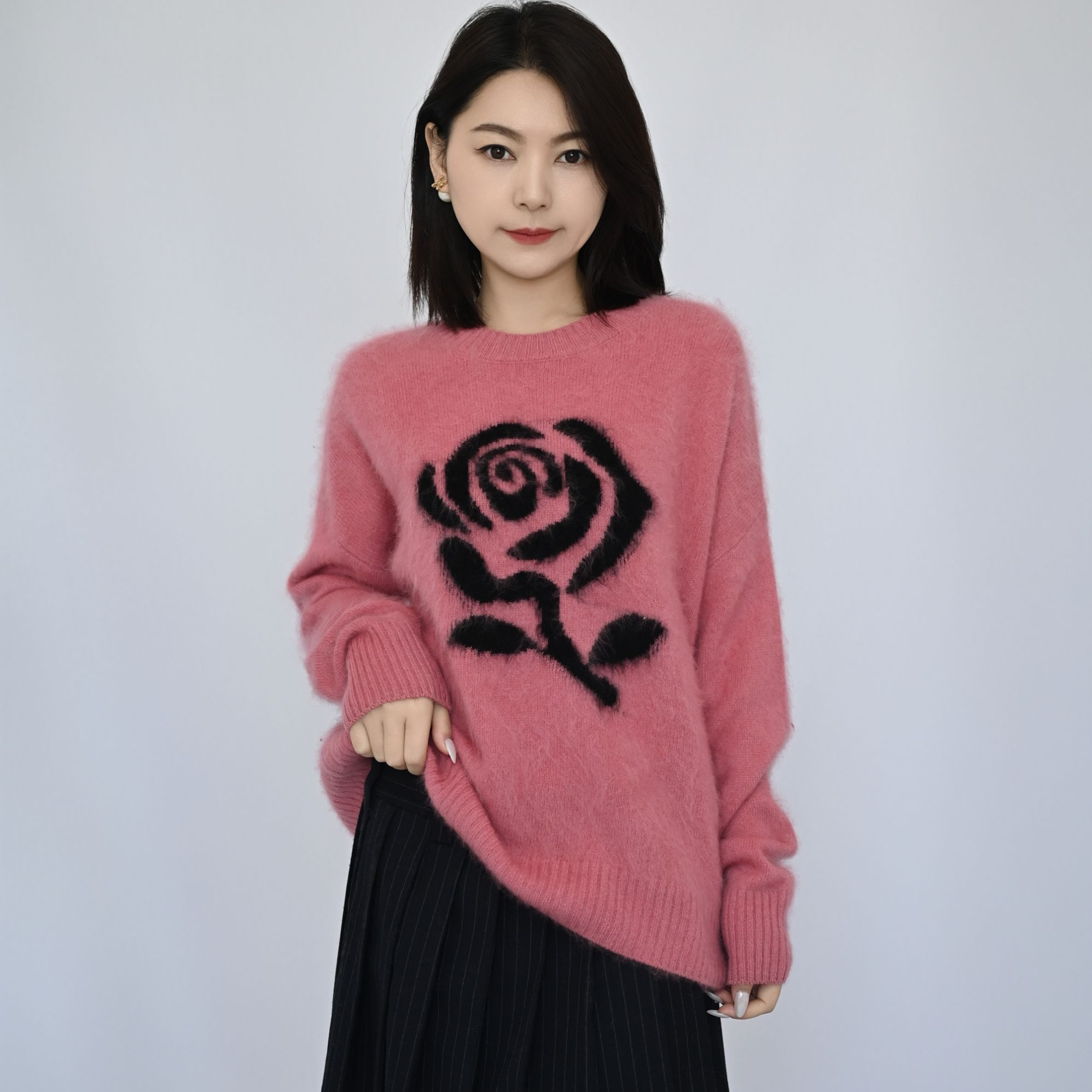 【浮光锦】秋冬设计师款时尚百搭圆领玫瑰花羊绒衫宽松大码打底衫
