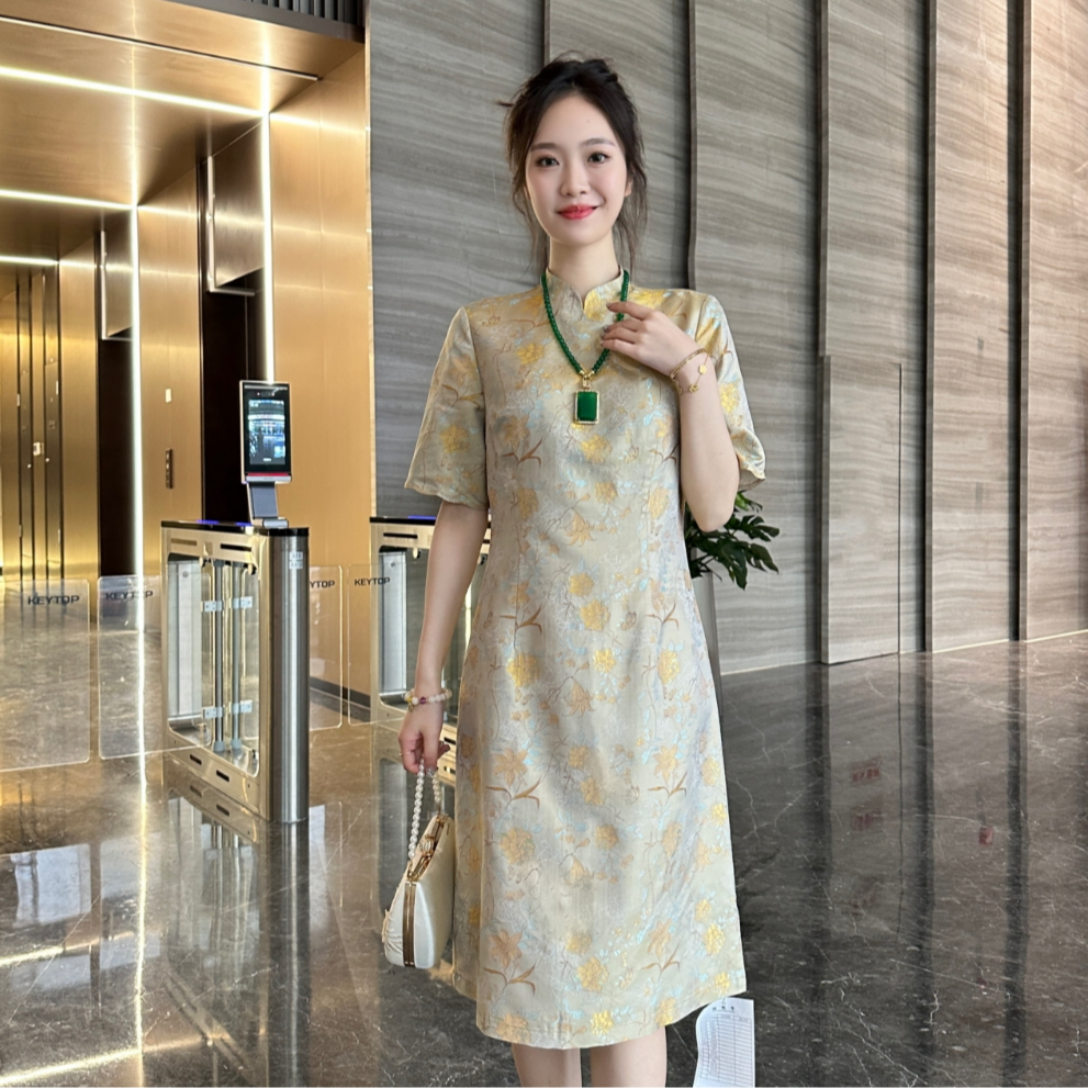 FSSIA赛西施-宋锦异色萝黄地万字百花纹收腰显瘦气质旗袍连衣裙