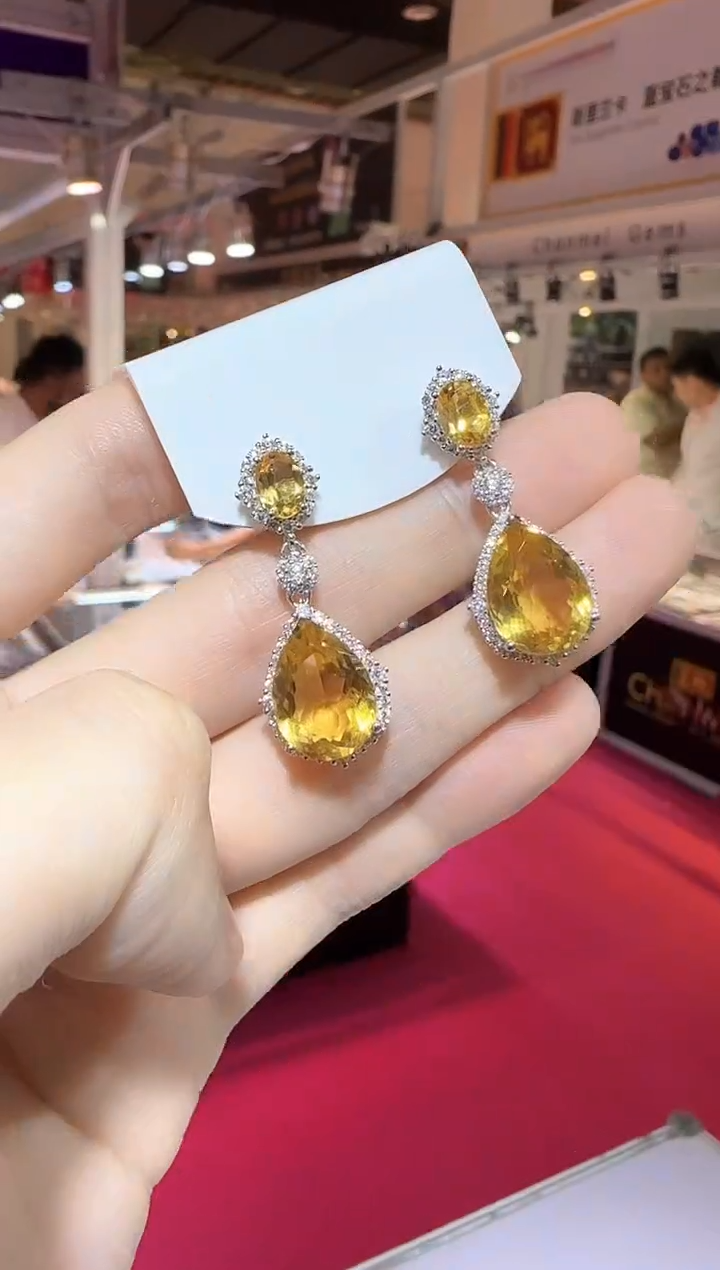 银S925镶嵌耳饰黄晶10*15mm耳坠