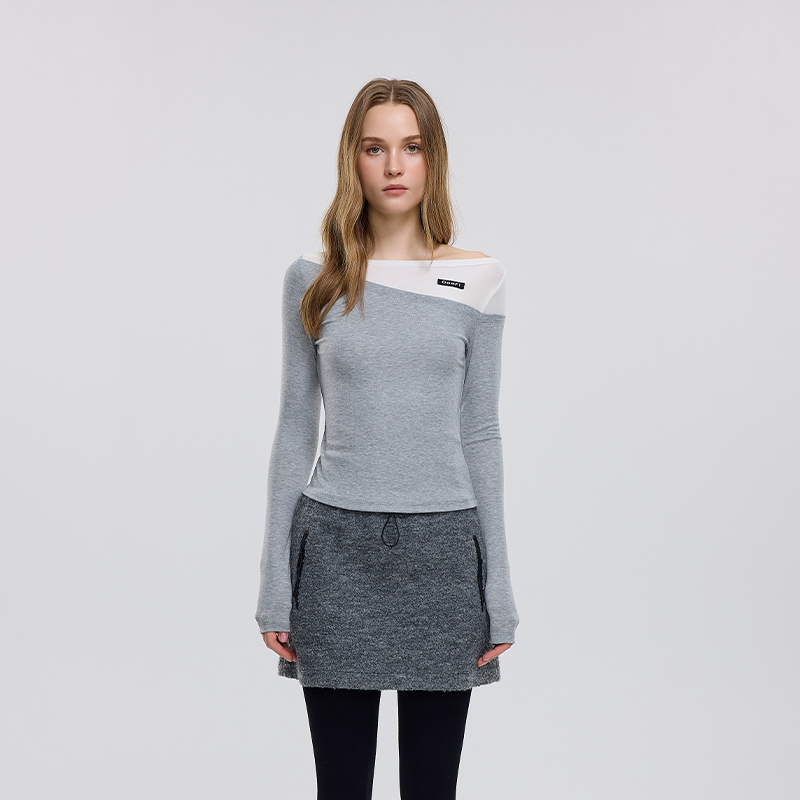 河岸家设计师OooFTime修身假两件斜肩叠穿长袖打底T恤女25秋冬