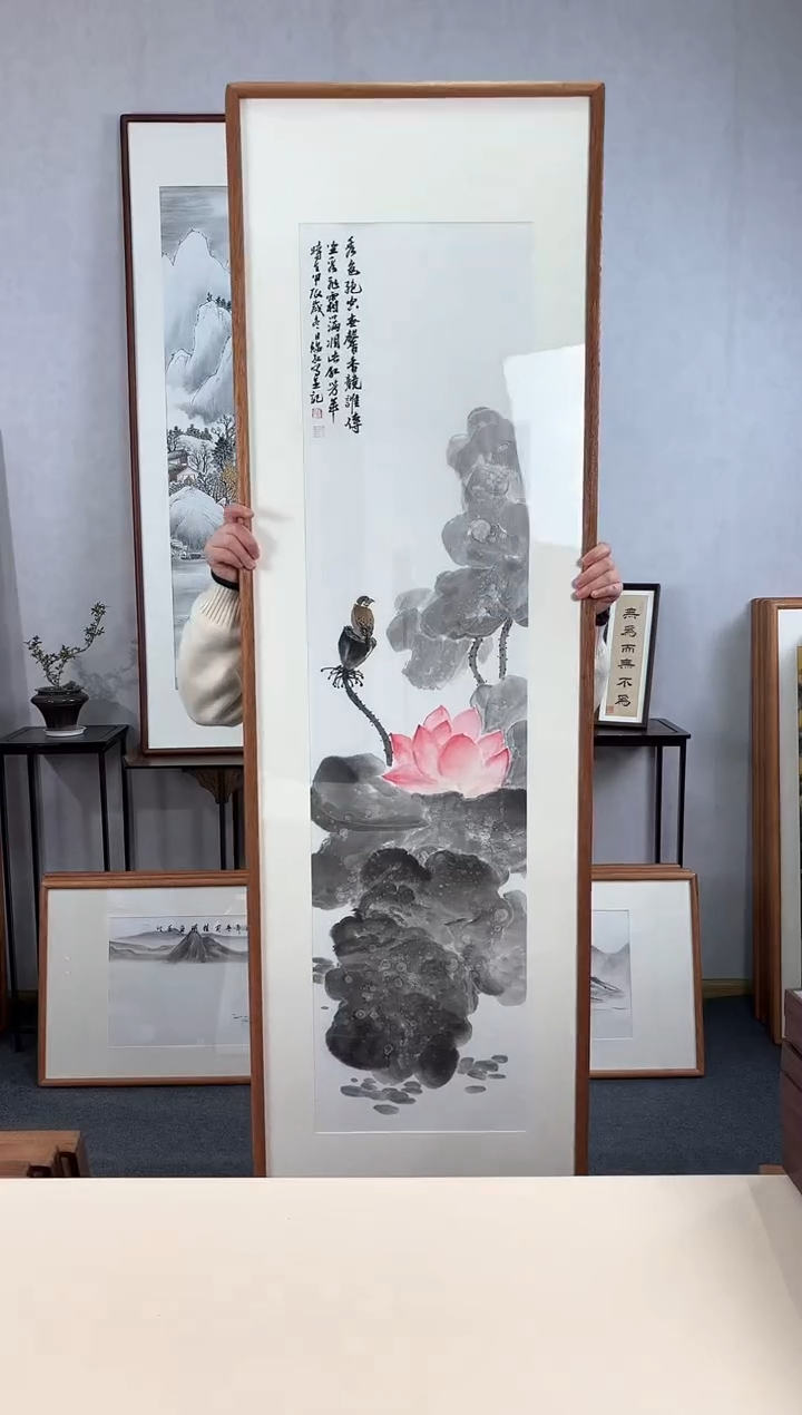 【闪购商品】国画手绘*荷花竖幅*52*172cm实木框