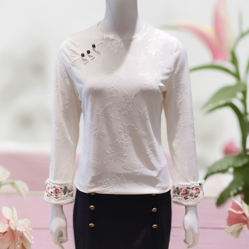 859轻奢新中式盘扣打底衫白色提花长袖圆领中国风重工刺绣百搭