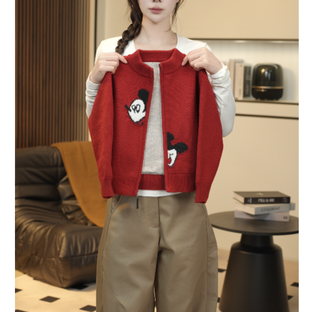2025冬季新款男童卡通动漫米老鼠针织开衫潮酷加绒厚款毛衣外套