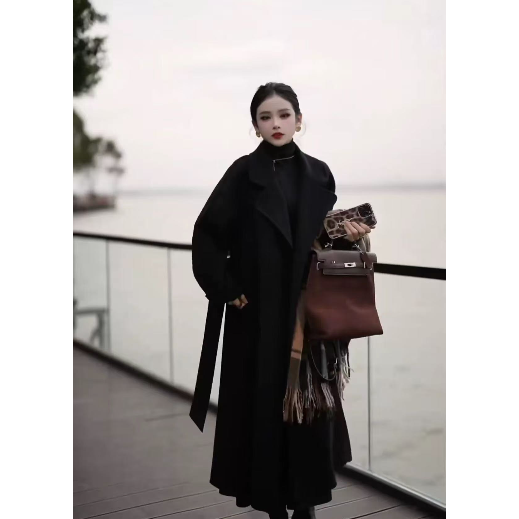 双面羊绒大衣双面毛呢外套宽松系带浴袍长款秋冬羊毛加厚9859