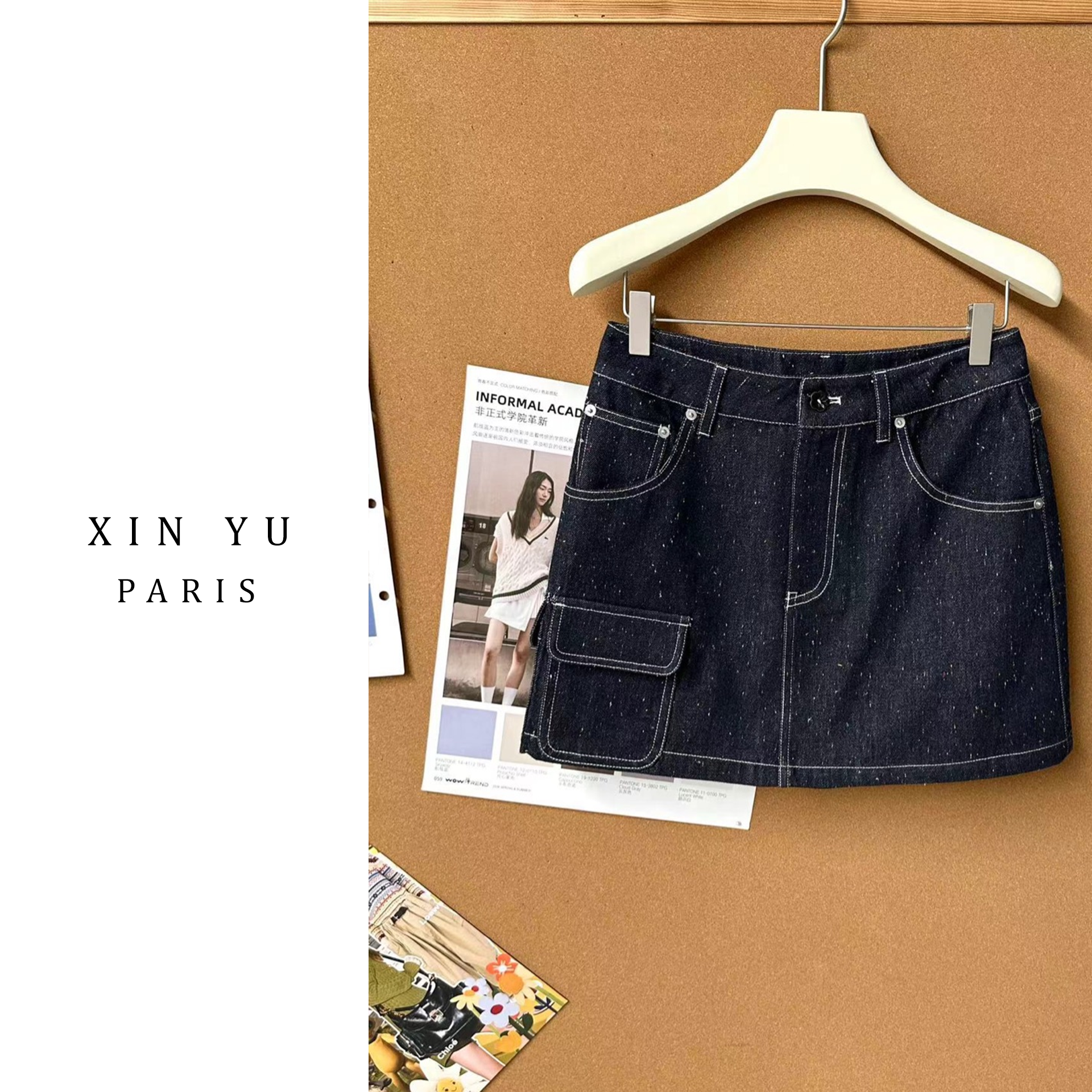 复古明线装饰工装风牛仔短裙65BQ863