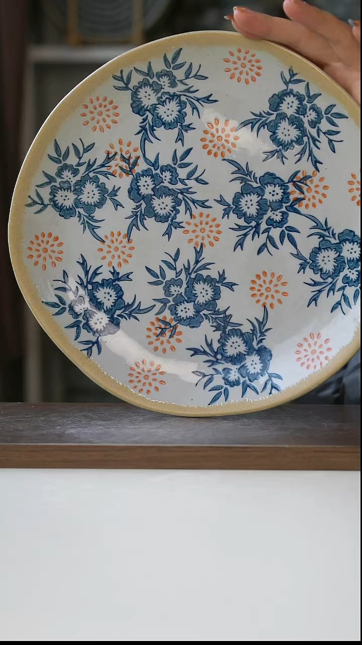 陶粗陶手绘花语晨曦牛排盘26.5cm@7-7@微瑕
