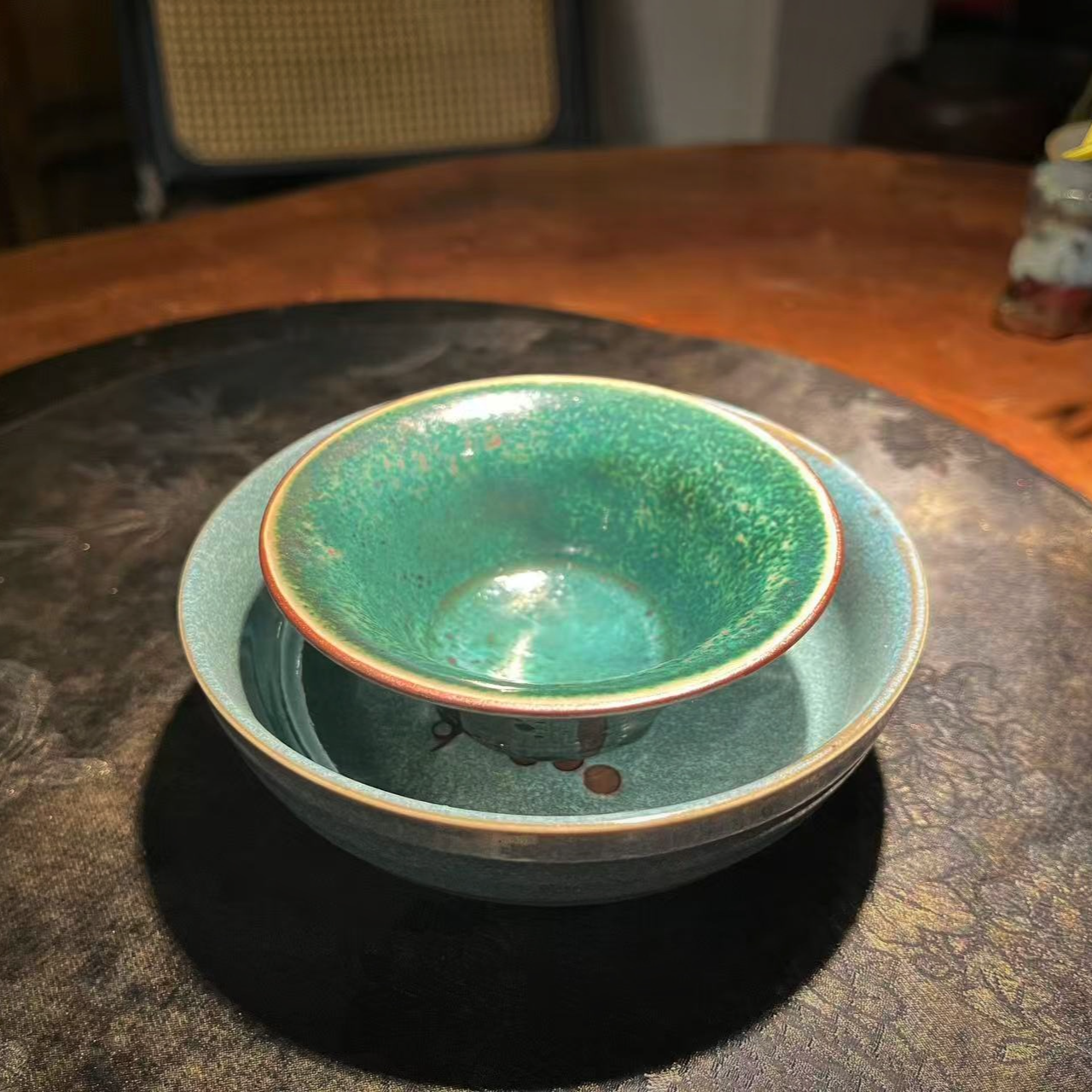 柴烧钧瓷 窑变 孔雀绿斗笠杯