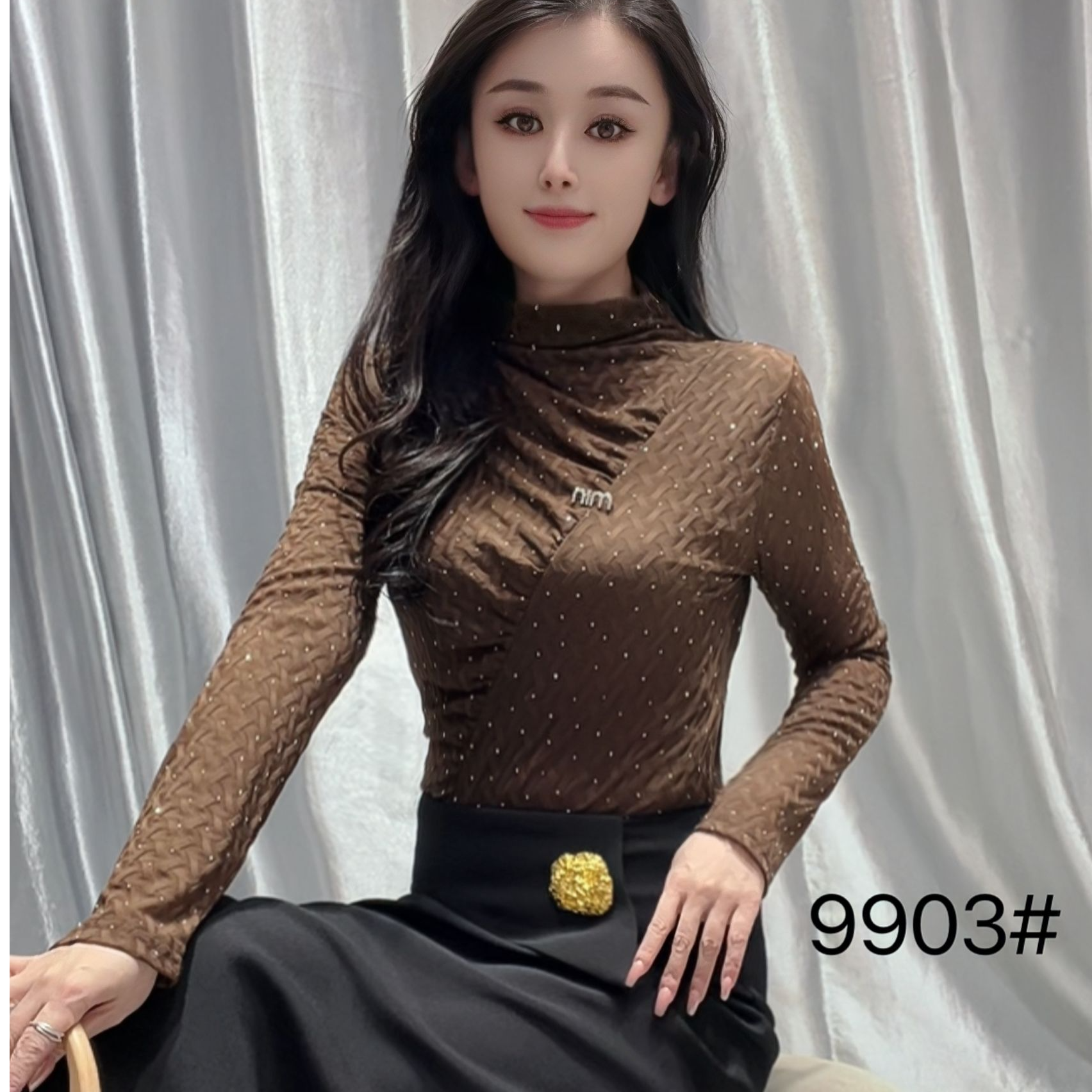 抗皱街头设计师高领烫钻百搭显瘦女打底衫长袖抗起球