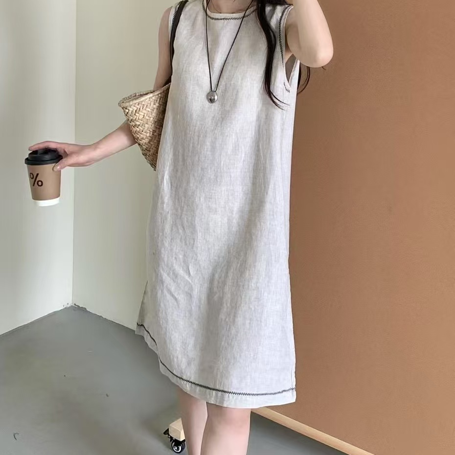 【梵总优选】亚麻圆领无袖背心裙2025夏季休闲独特连衣裙26261