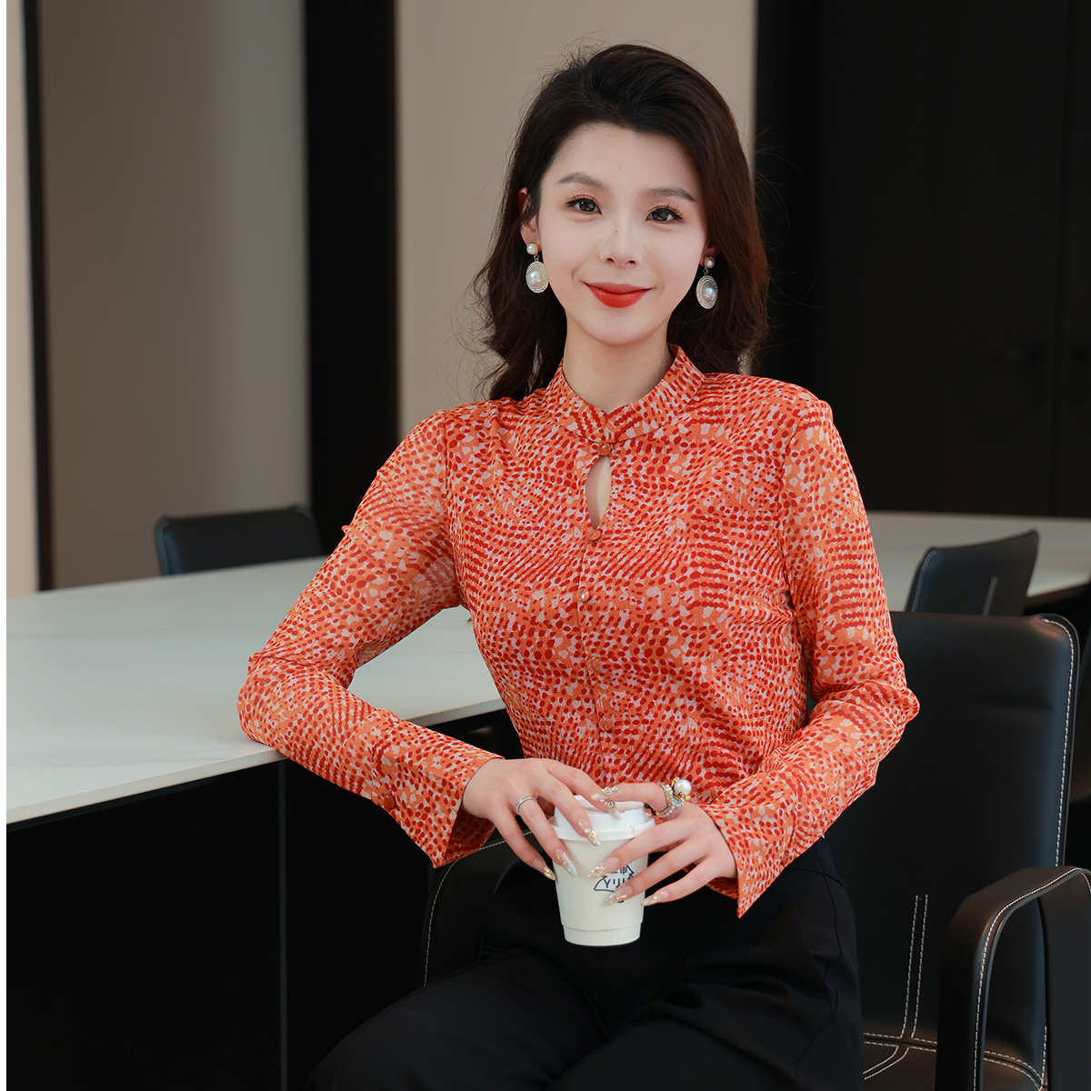 哥弟 新中式复古旗袍领衬衣弹力纱网气质长袖洋气时尚衬衫1301057