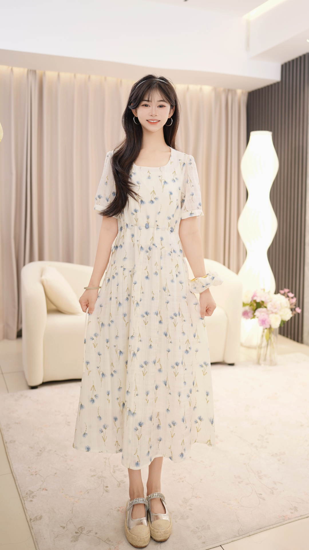 【JIN XI】碎花连衣裙女夏装新款长裙高腰遮肚显瘦气质a字裙方领