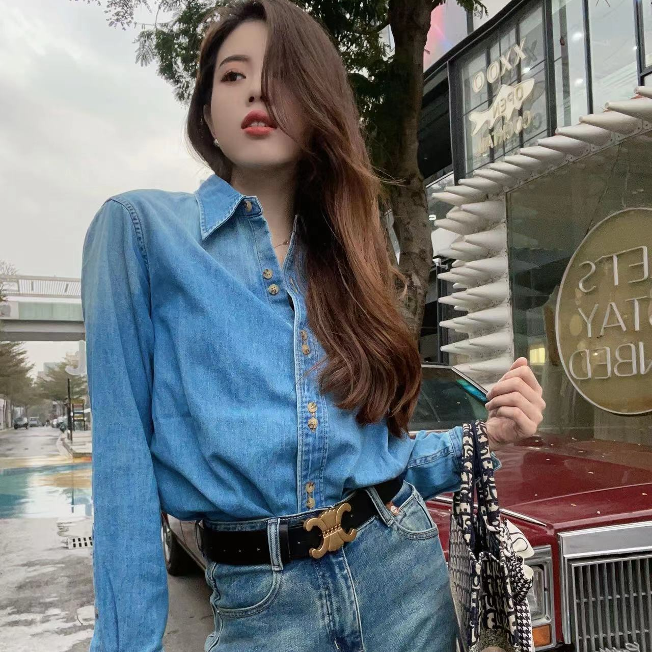 深圳南油高品质《万里木兰》牛仔衬衫显瘦衬衣蓝色休闲时尚百搭复古