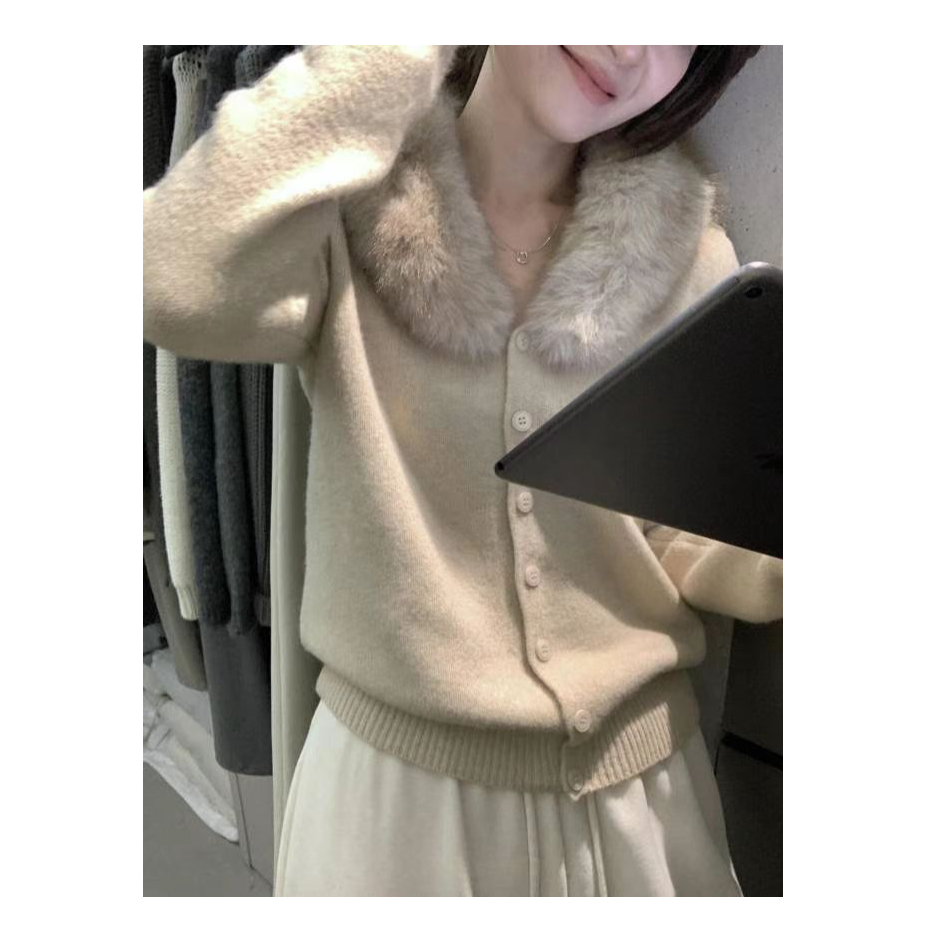 松弛氛围感可拆毛领排扣针织毛衣开衫外套女加绒休闲裤套装26536