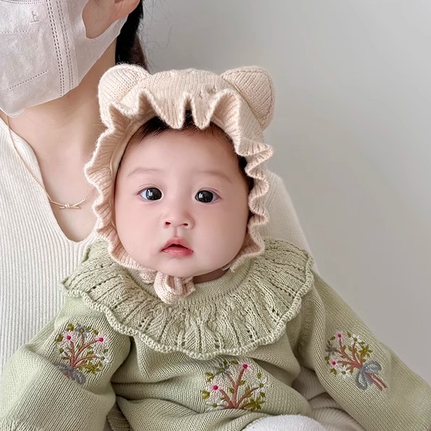婴儿帽子秋冬款可爱猫耳针织毛线帽男女宝宝小月龄保暖防风护耳帽