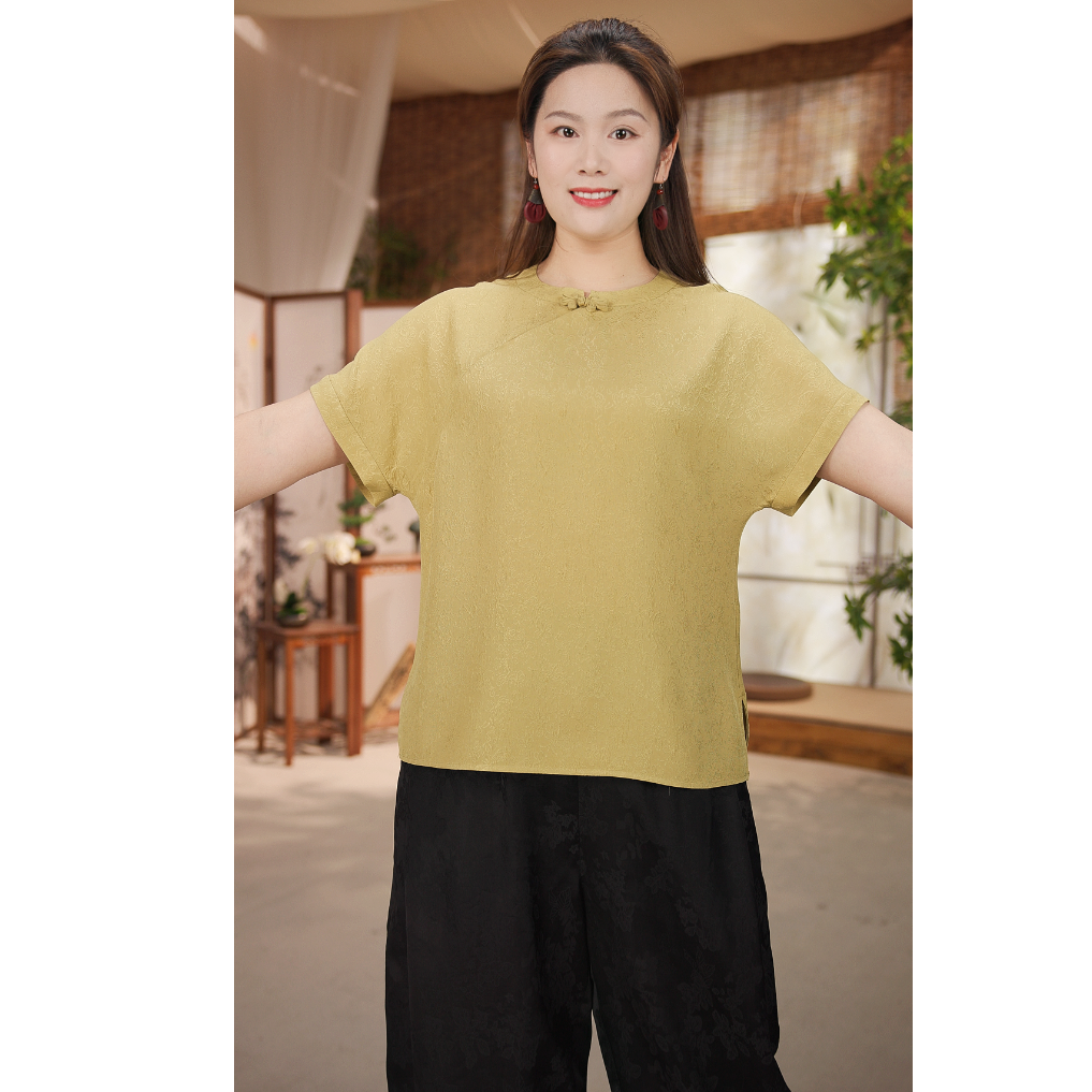 【芷昀】新中式桑蚕丝夏季短袖茶服小衫修身显瘦气质纯色中国风