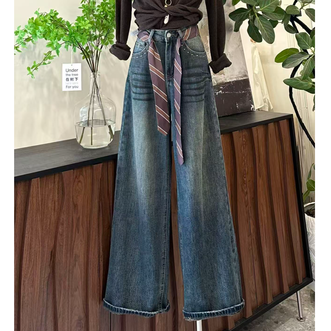 【绯韵丹蓝】美式复古做旧高级设计感高腰显瘦垂感牛仔裤-3918