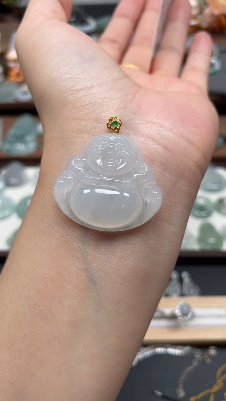 【闪购商品】翡翠18K金镶嵌颈饰白月光白冰佛公
