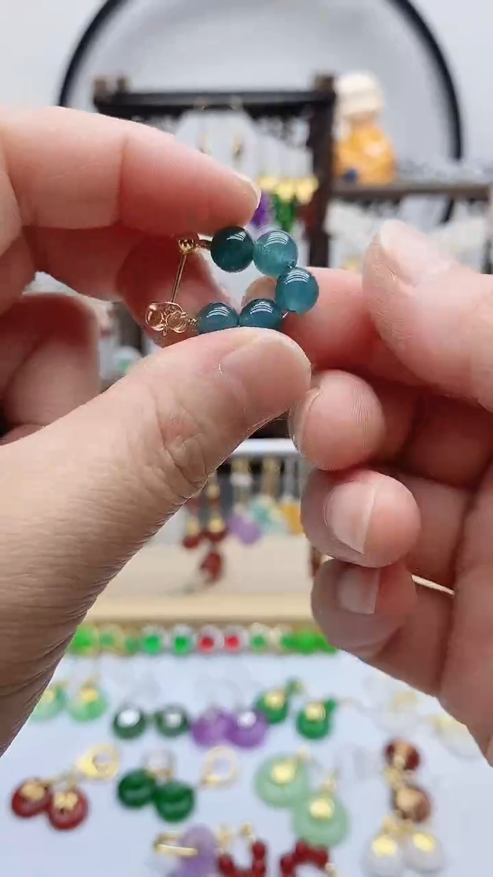 14K金镶嵌石英质玉（天山翠）耳饰56565