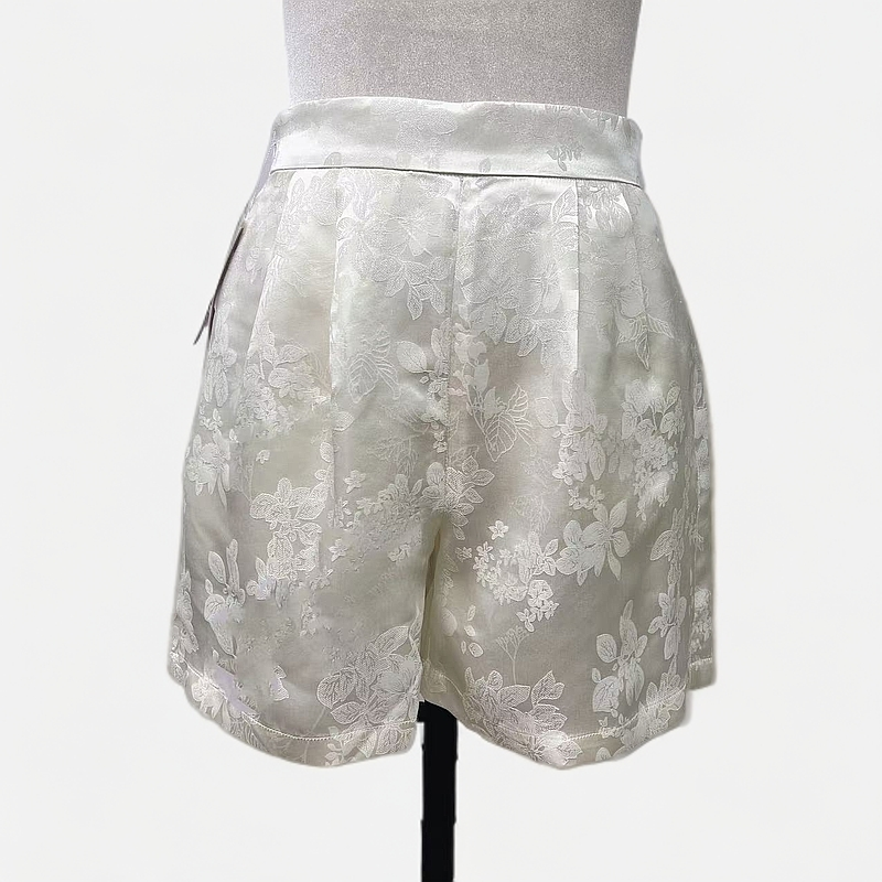 良恩坊桑蚕丝米白中国风夏季百搭短裤休闲新中式提花复古女装