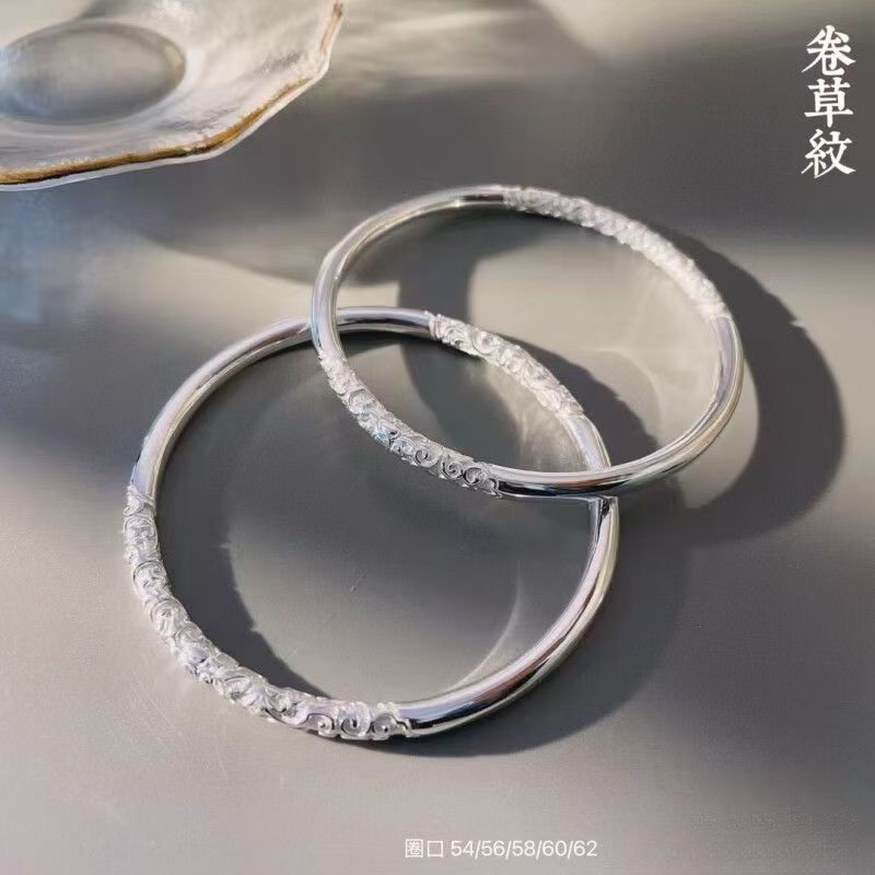 纯银999唐草纹足银手镯小众简约生日纪念日送女友朋友礼物