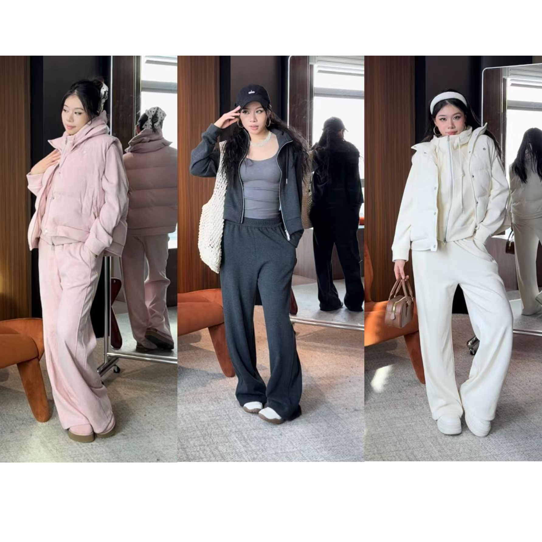 PM王囡囡 白/粉/灰秋冬连帽加绒三件套 ND1D2066