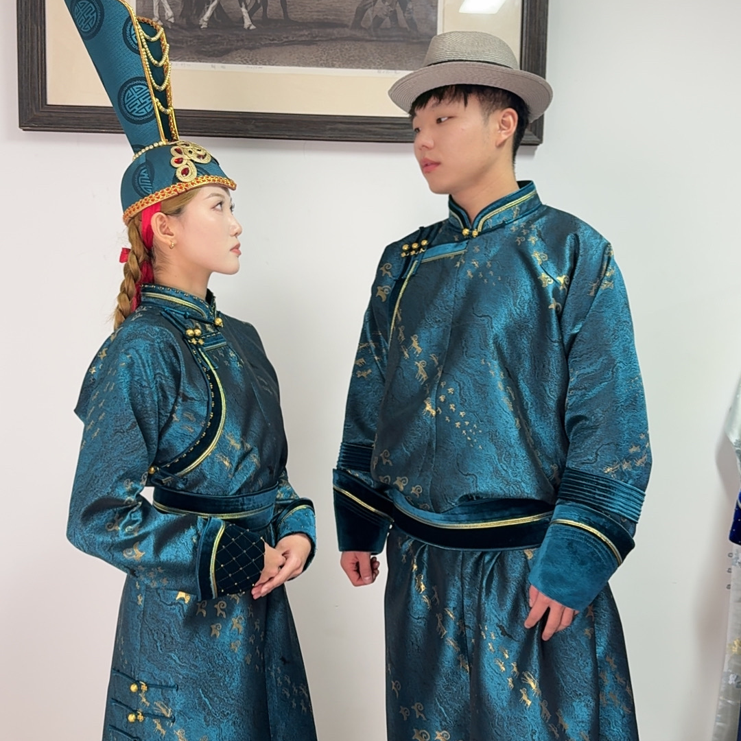 蒙和珠拉原创祥鹿哈青宝蓝男款双色传统重工蒙古袍蒙古服饰