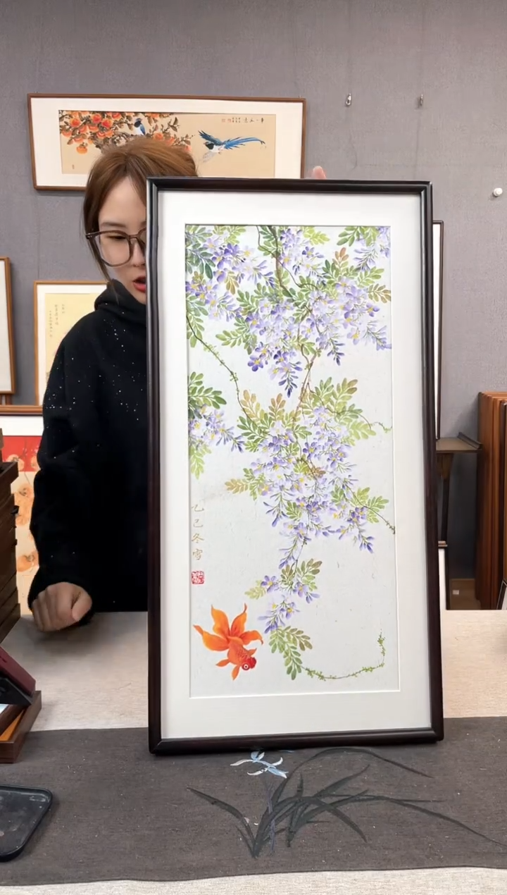 【闪购商品】国画闫冬雪-手绘带框作品-35*68-紫藤