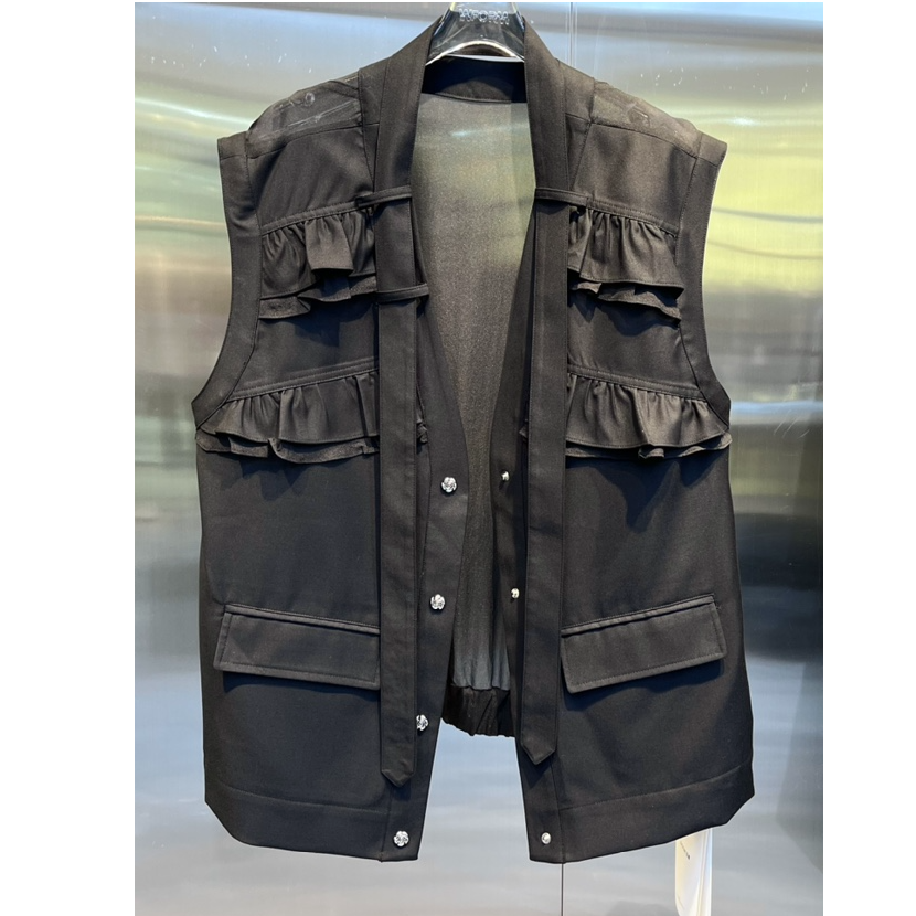 【XSY】飘带花边口袋透明纱拼接TR料V领马甲外套