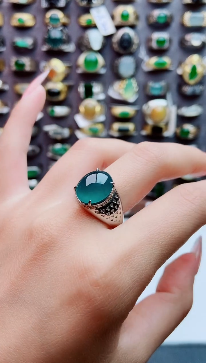 银S925镶嵌戒指翡翠天然翡翠男戒