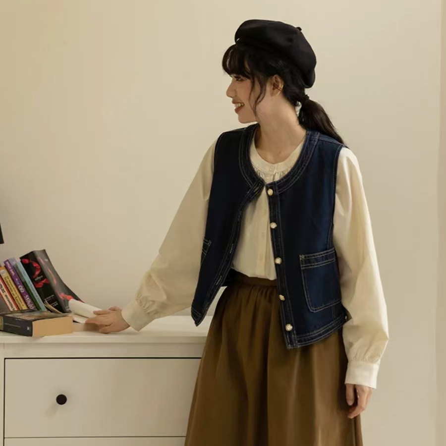 【左耳出品】新品55%亚麻+45%棉小马甲复古炒色牛仔马甲百搭9932