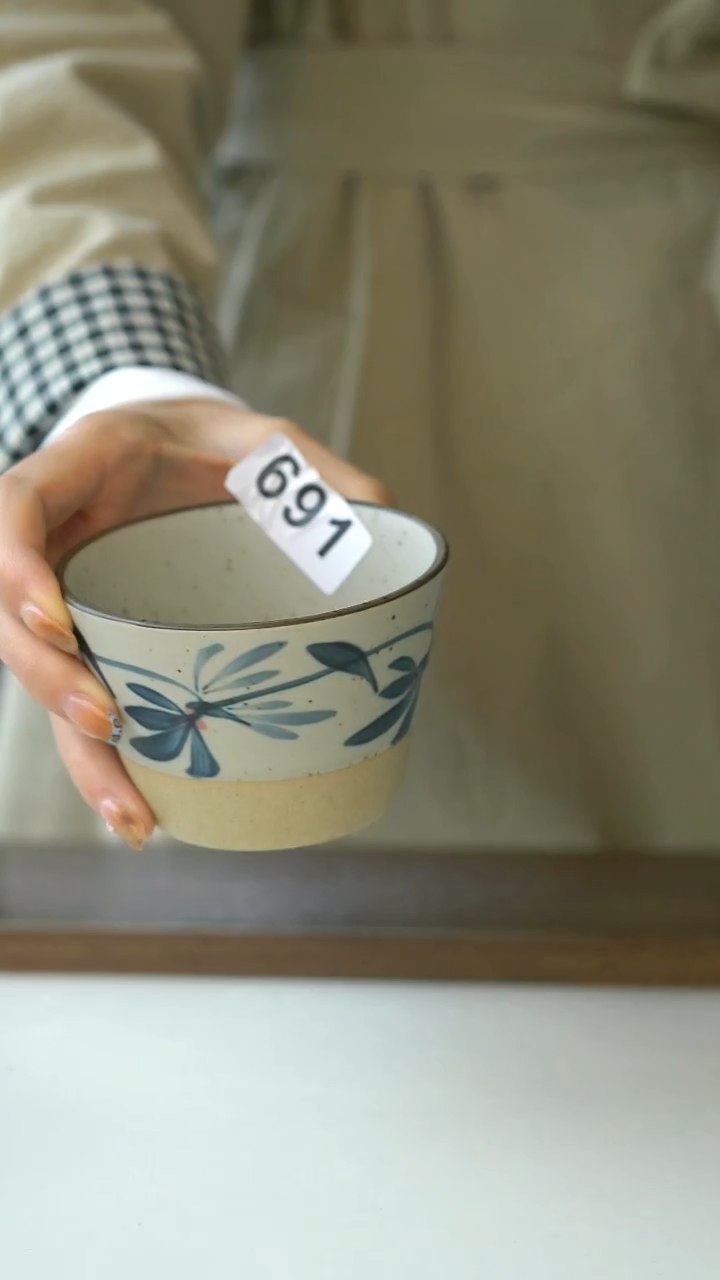 陶691粗陶手绘常春藤猪口杯200ml@7-7@瑕