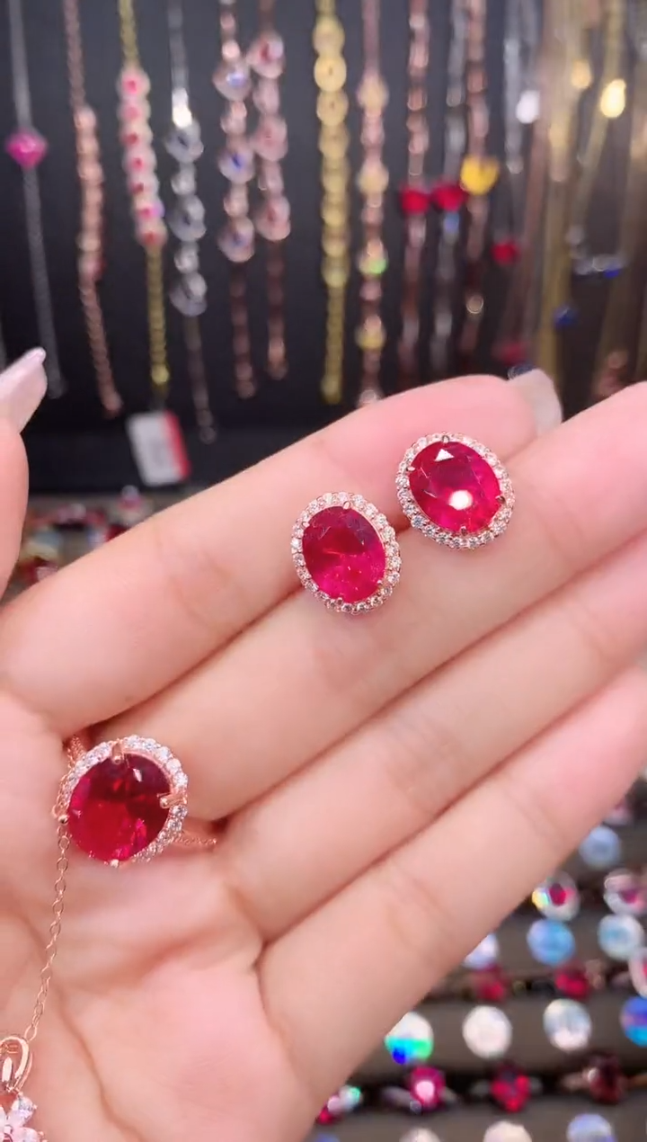 耳饰银S925镶嵌红宝石玫瑰金810