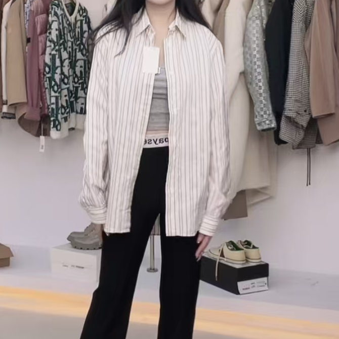 全新未使用 DIOR/迪奥 三色竖条纹满印LOGO长袖衬衫/40