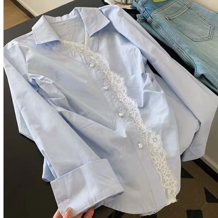 法式收腰v领蓝色衬衫女小个子设计感小众正肩气质修身上衣高级感