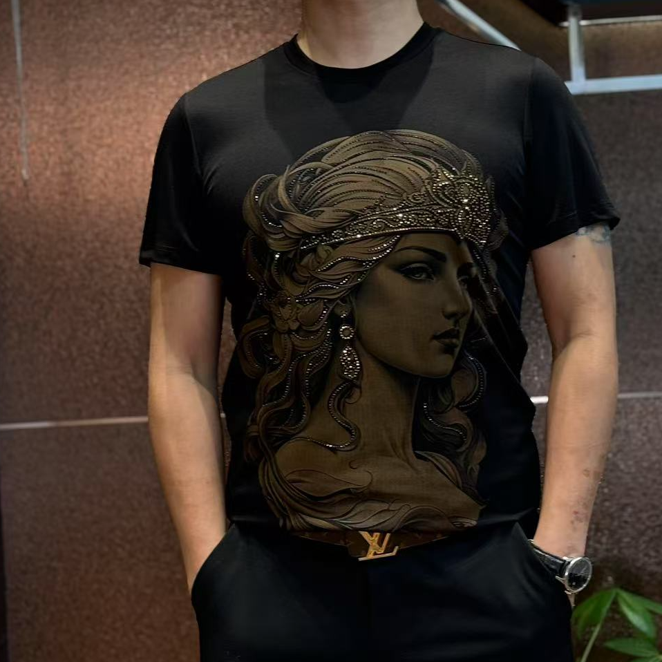 20225皇冠美女图休闲夏季黑色半袖印花潮流时尚圆领修身个性轻奢