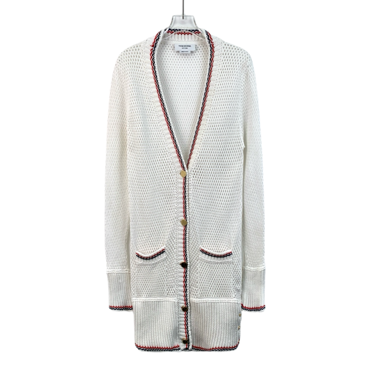 99新 THOMBROWNE CW0368 白色V领长袖针织镂空开衫 40 M码