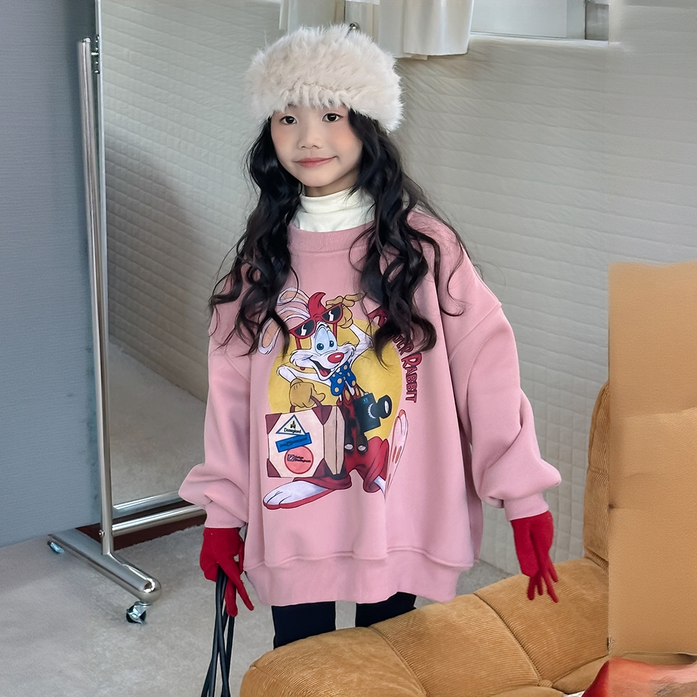 女童加绒卫衣2025新款秋冬装韩版女孩加厚卡通印花保暖套头上衣