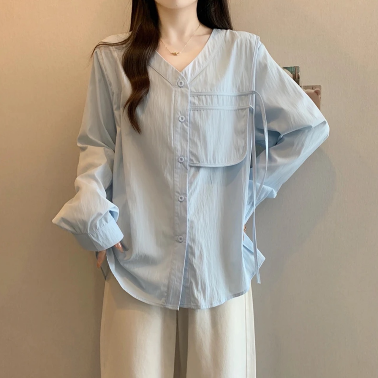 【工厂清清+现货】大码高级感V领衬衫长袖宽松休闲质感薄款开衫上衣