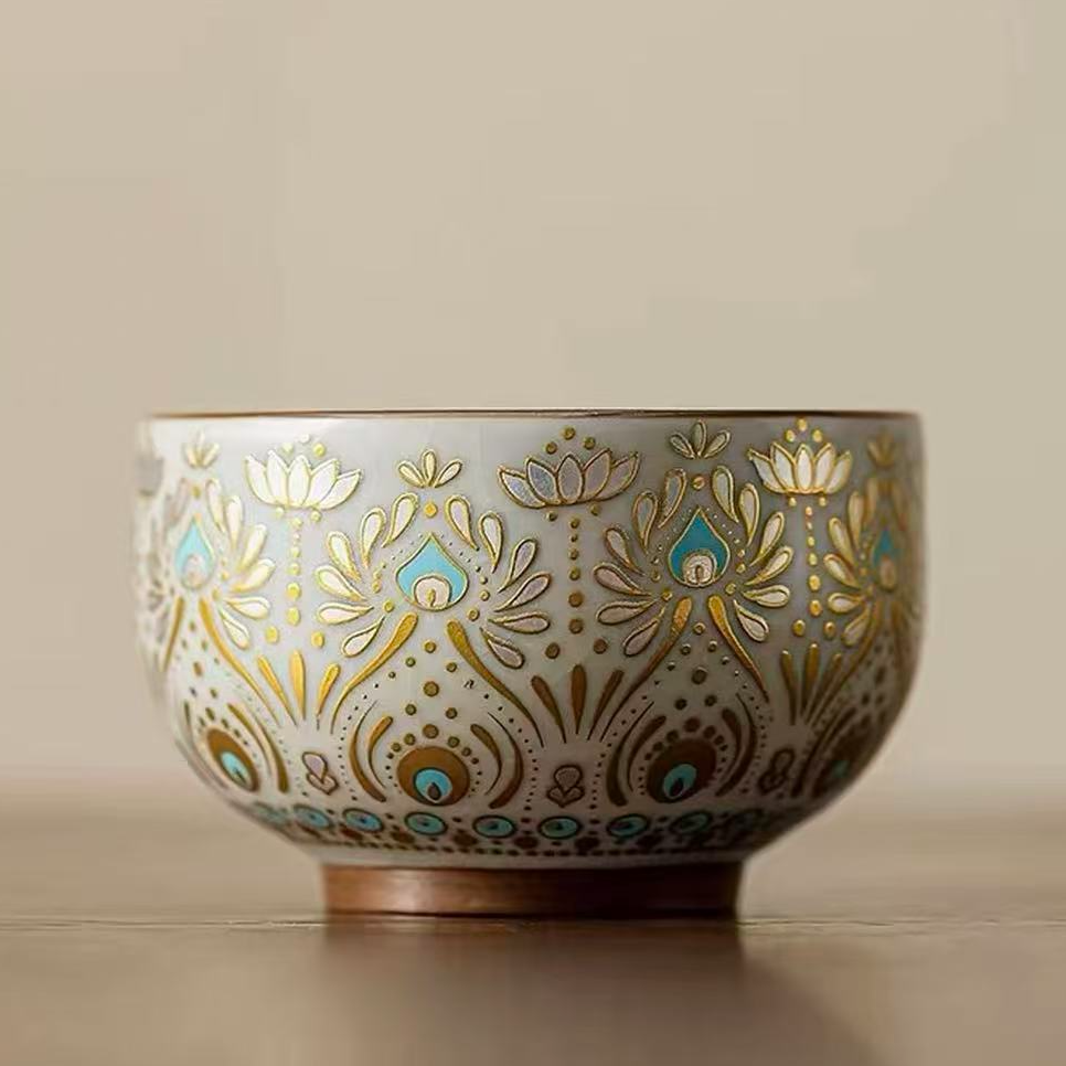 ZH3963敦煌禅定复古中式珐琅彩主人杯陶瓷描金禅定杯轻奢