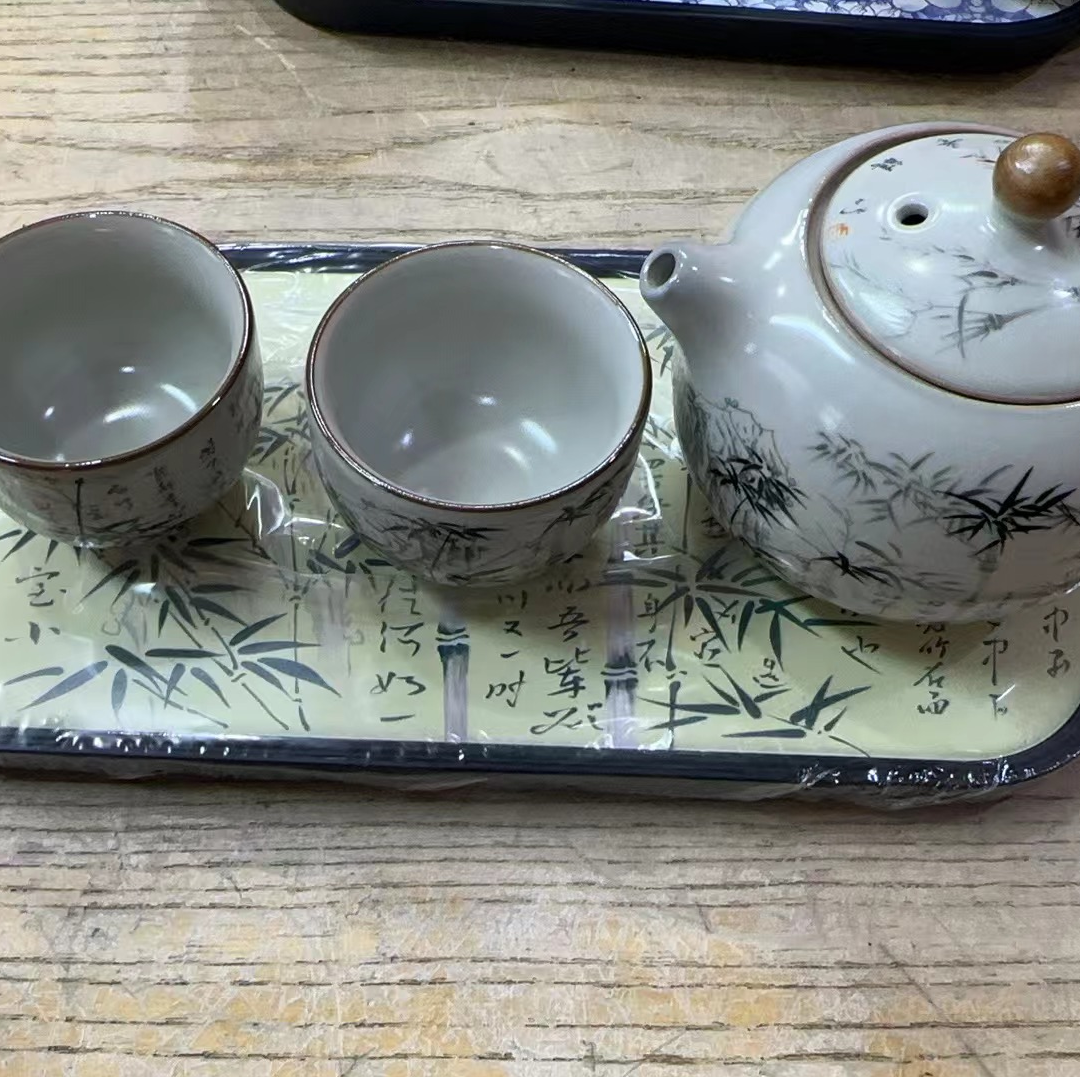 ZH1861-汝窑墨竹茶壶+两个汝窑墨竹客杯+墨竹国风吸水茶盘