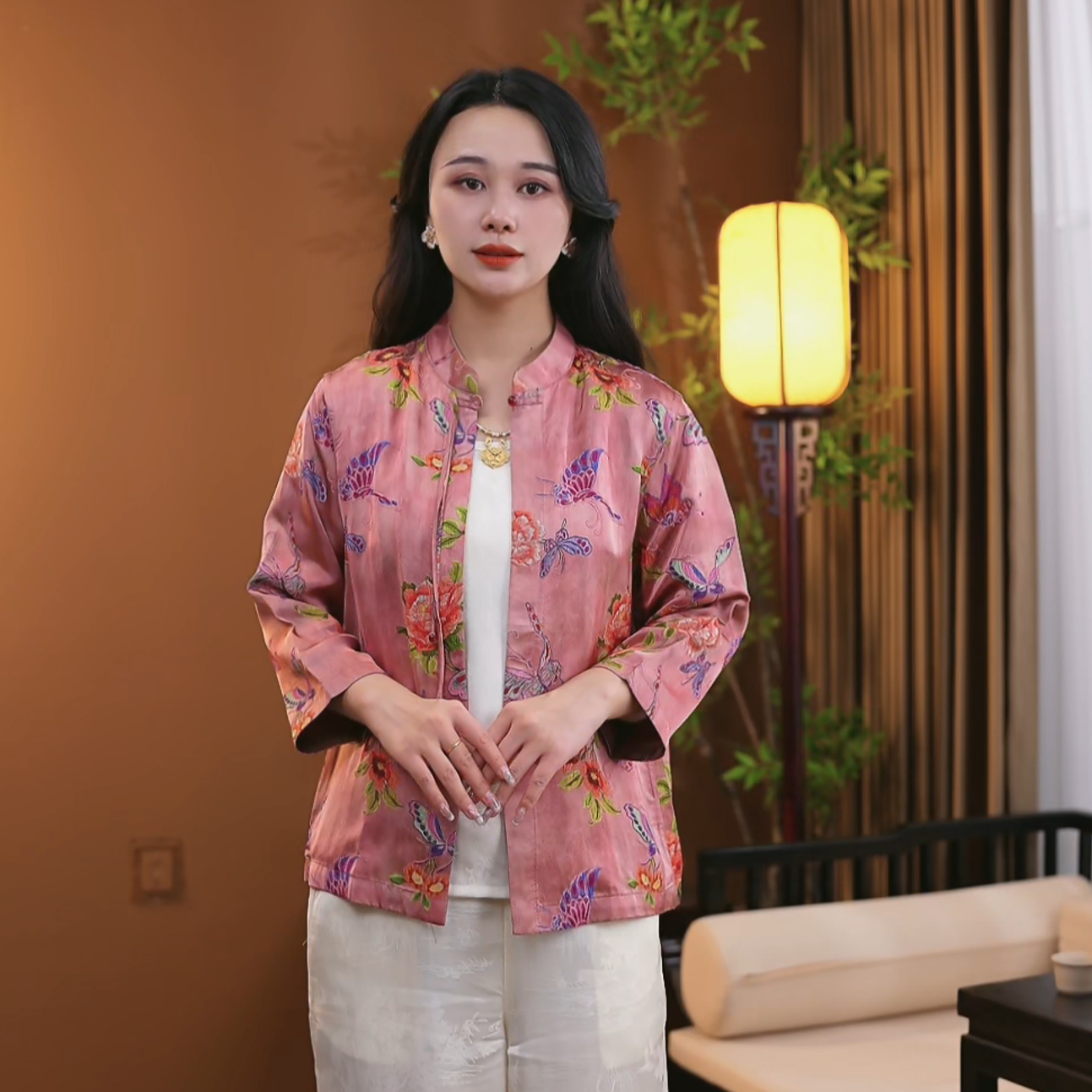 新中式桑蚕丝盘扣衬衫短款提花复古中国风百搭长袖薄款外套S192