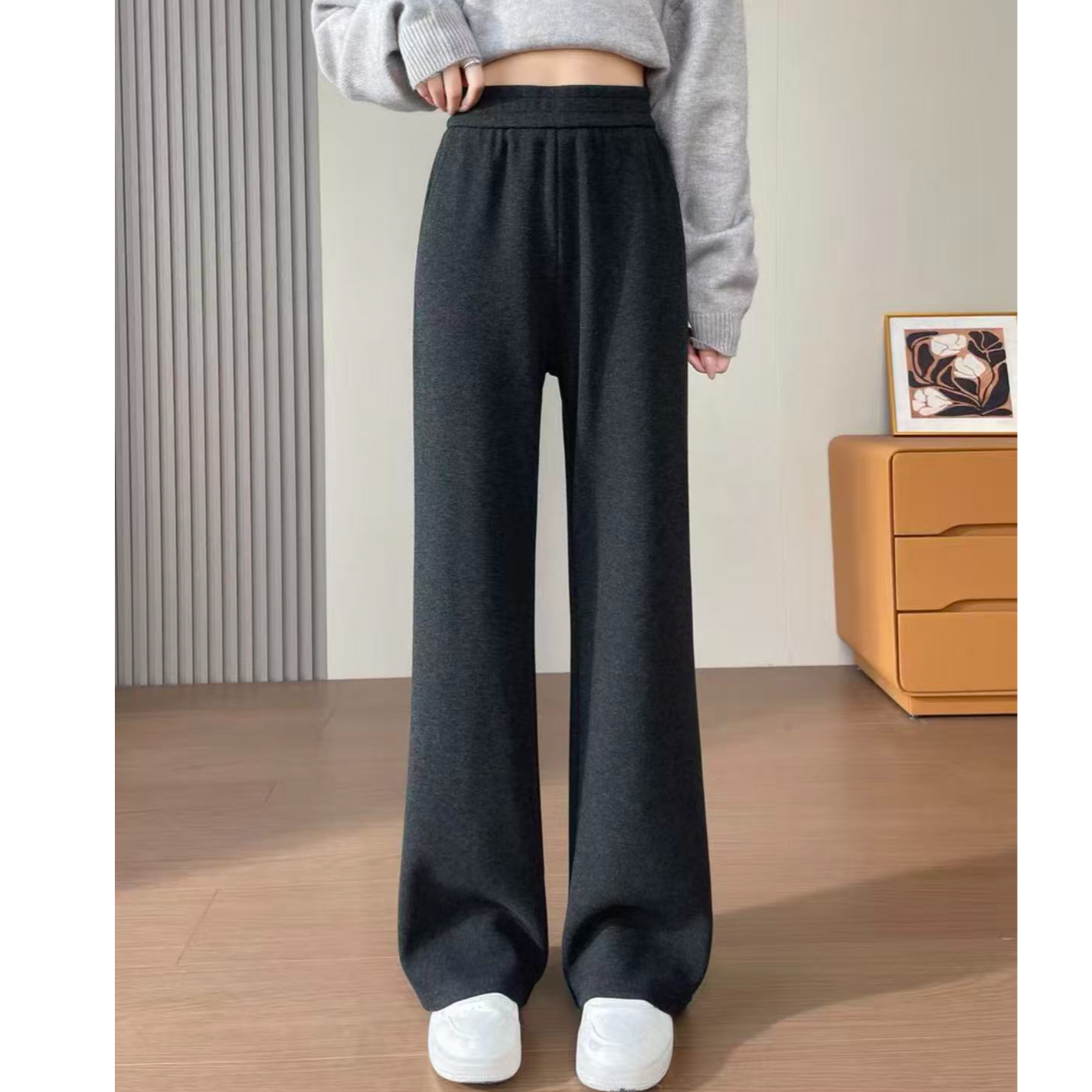 9357-冬女士（大王微喇阔腿裤）（黑灰）