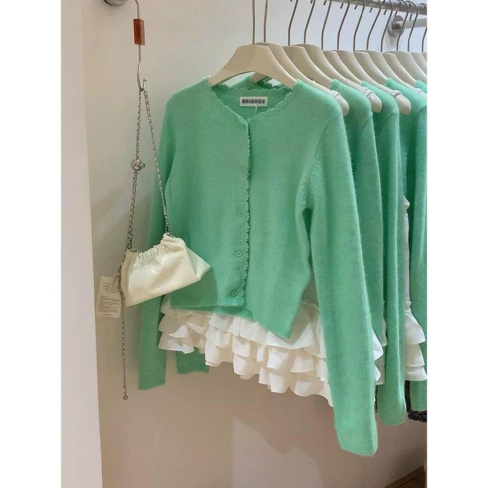 韩国balance白色叠穿内搭荷叶边蛋糕雪纺打底上衣女开衫套装 HD