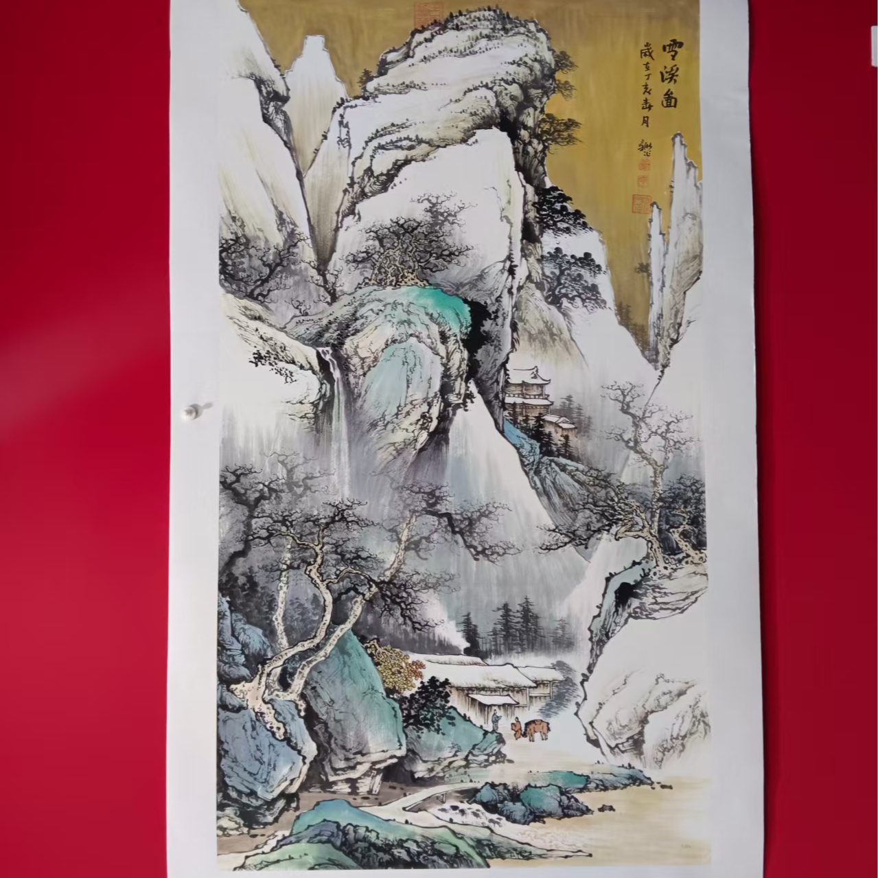 李新社-手绘宣纸六尺竖幅雪溪图山水画